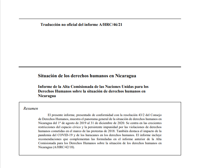 Informe de la Alta Comisionada de las Naciones Unidas para los  Derechos Humanos sobre la situación de derechos humanos en  Nicaragua